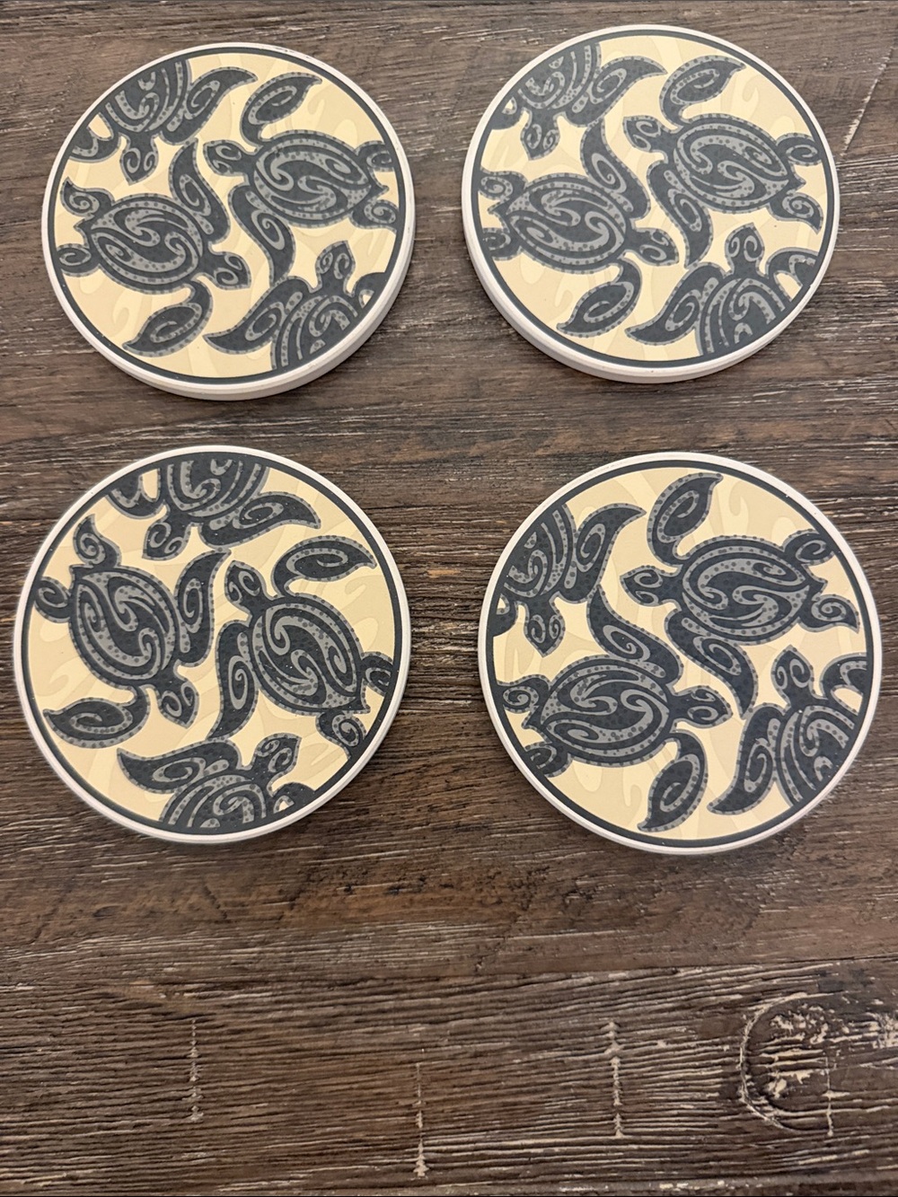 Set of 4 Sea Turtle Ceramic Coasters in Blue & Cream with Stand